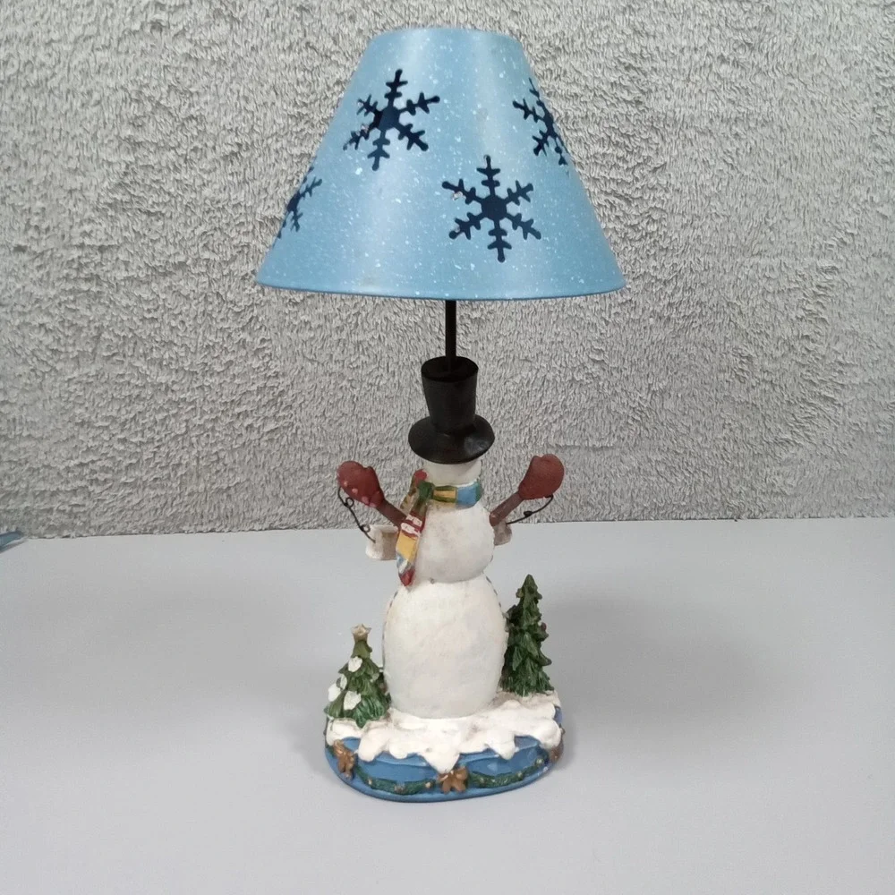 Snowman Peace Candle Holder Lamp Blue Snowflake Metal‎ Shade Winter Decor 11